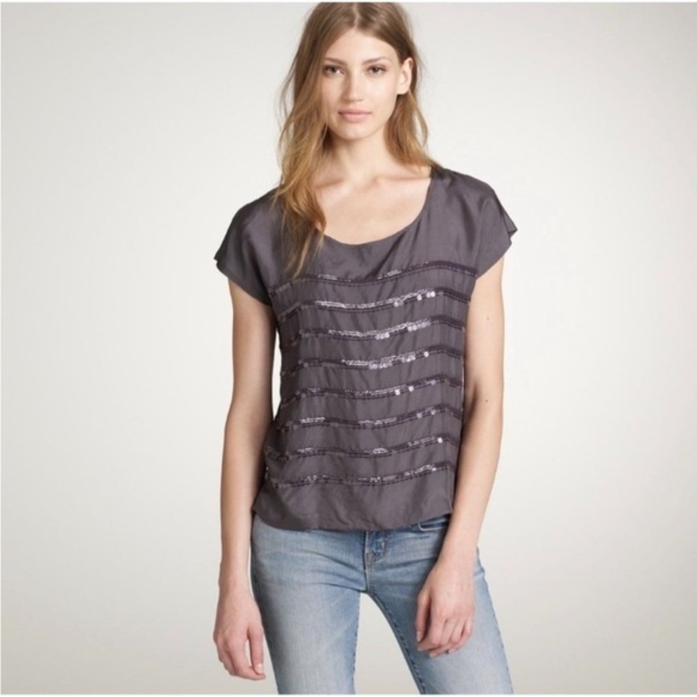 J. Crew 100% Silk Blouse with Sequins, Dark Blue Gray, Size 10, Lightweight